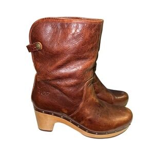 UGG Lynnea Brown‎ Leather Wood Clog Boots Women's Size 9.5 Heel Boots